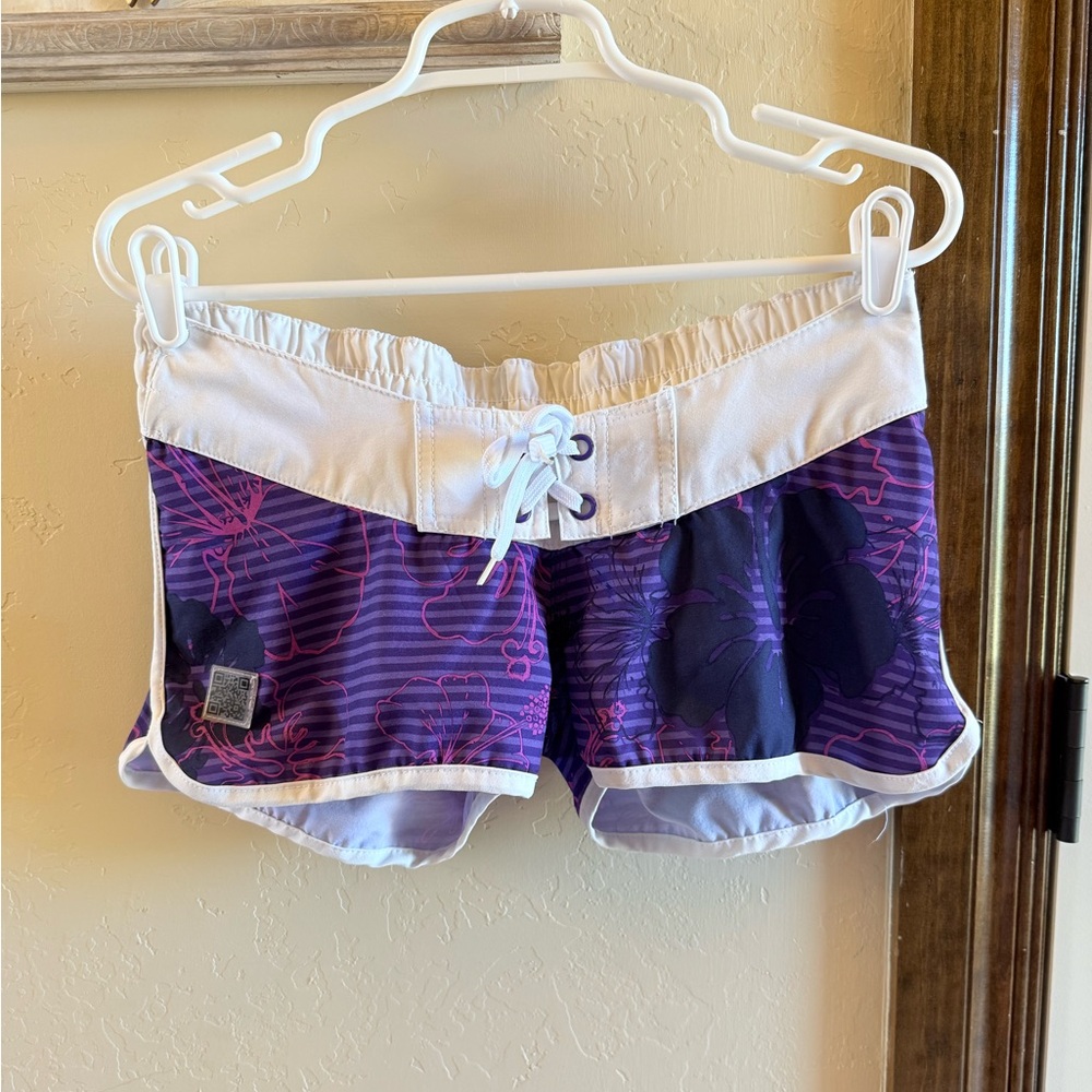 Vtg Y2K Board Shorts Sz Small Purple Pink Vibrant Hawaiian Print Micro Shorts